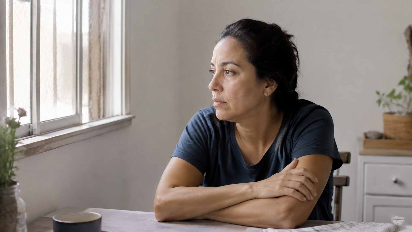 Mulher adulta em uma rotina cotidiana, presente fisicamente, mas emocionalmente distante